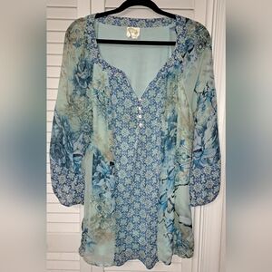Fig and Flower Teal and Blue Patterned Blouse